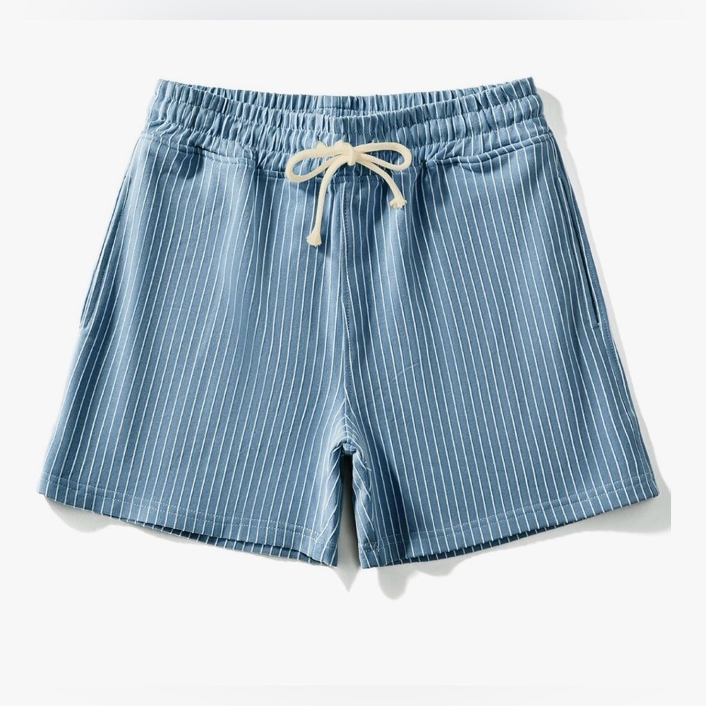 FIROTTI New! Men’s Shorts Sweatknit Athletic Sporty Lt Blue Cream Pinstripe S-M - Picture 2 of 11